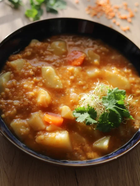 Vegán vöröslencsés paprikás krumpli